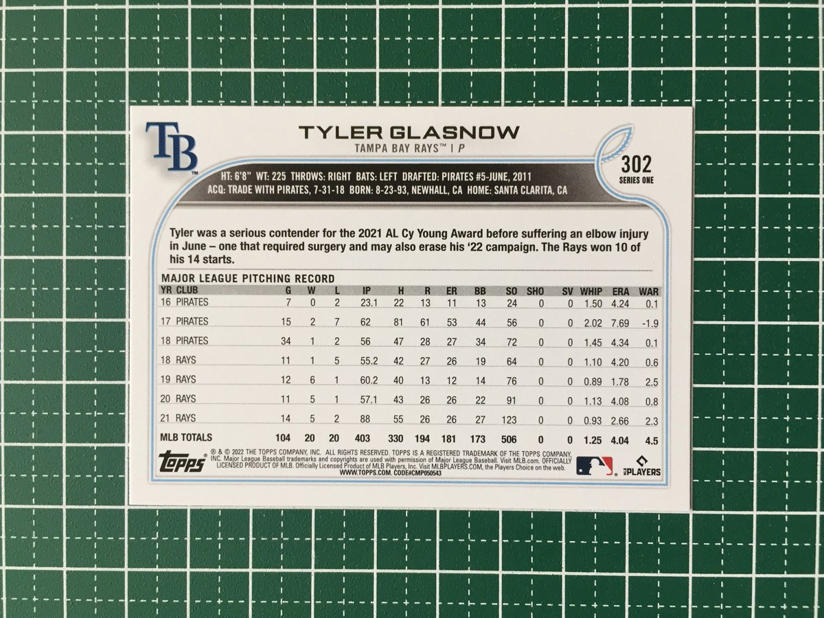 ★TOPPS MLB 2022 SERIES 1 #302 TYLER GLASNOW［TAMPA BAY RAYS］ベースカード「BASE」★_画像2