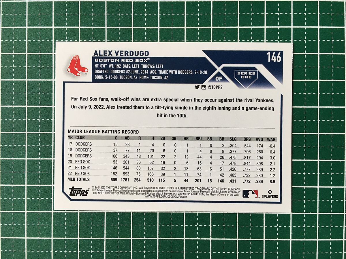 ★TOPPS MLB 2023 SERIES 1 #146 ALEX VERDUGO［BOSTON RED SOX］ベースカード「BASE」★_画像2