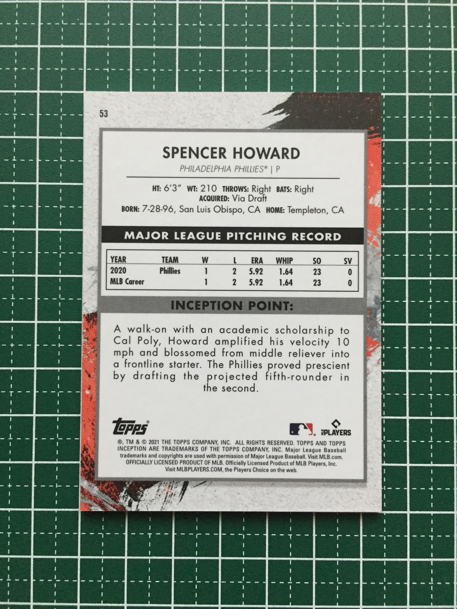 ★TOPPS MLB 2021 INCEPTION #53 SPENCER HOWARD［PHILADELPHIA PHILLIES］ベースカード「BASE」ルーキー「RC」★_画像2