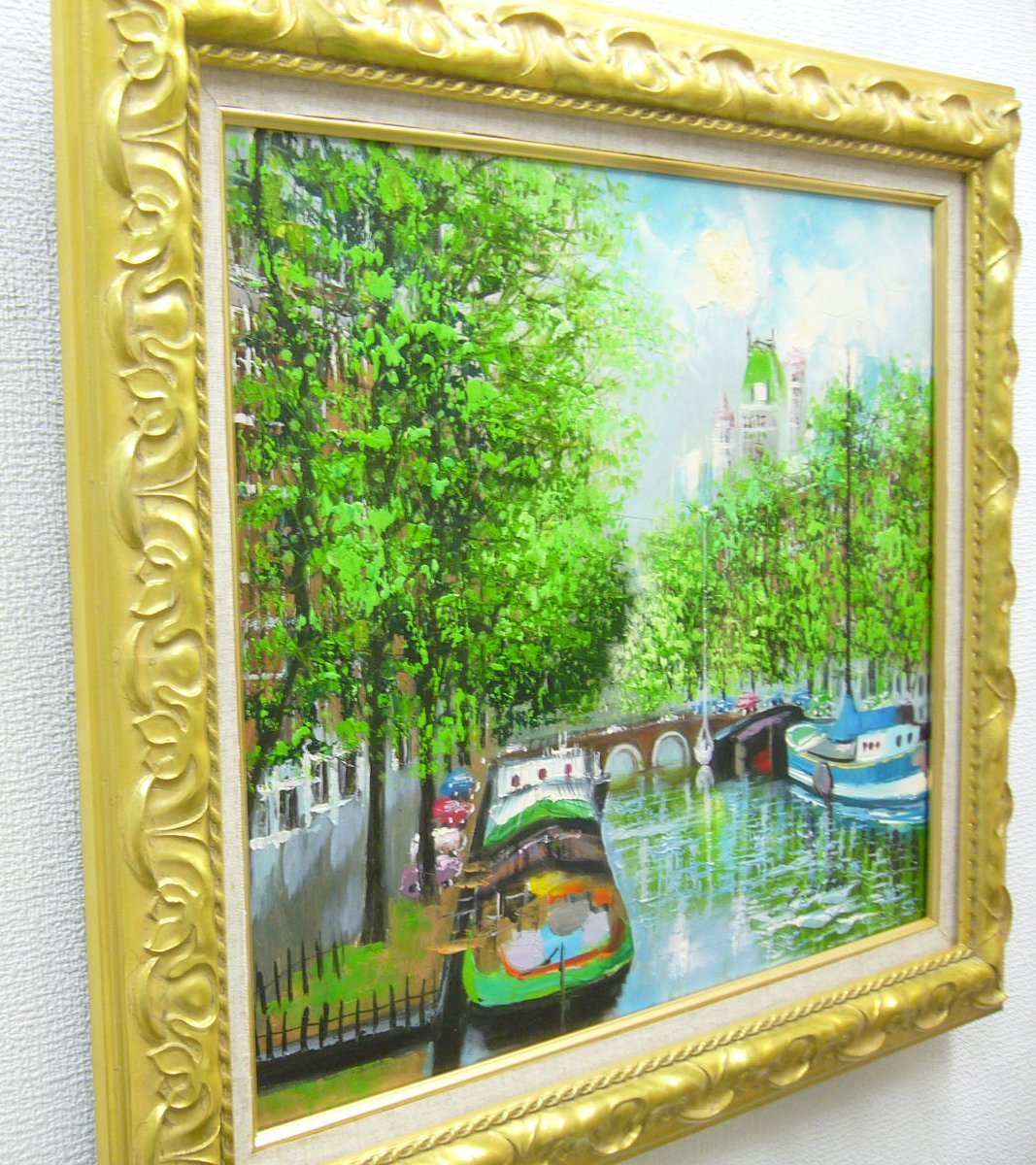 絵画 油絵 肉筆油絵 作者不詳 風景画 運河のある風景 F10 送料無料