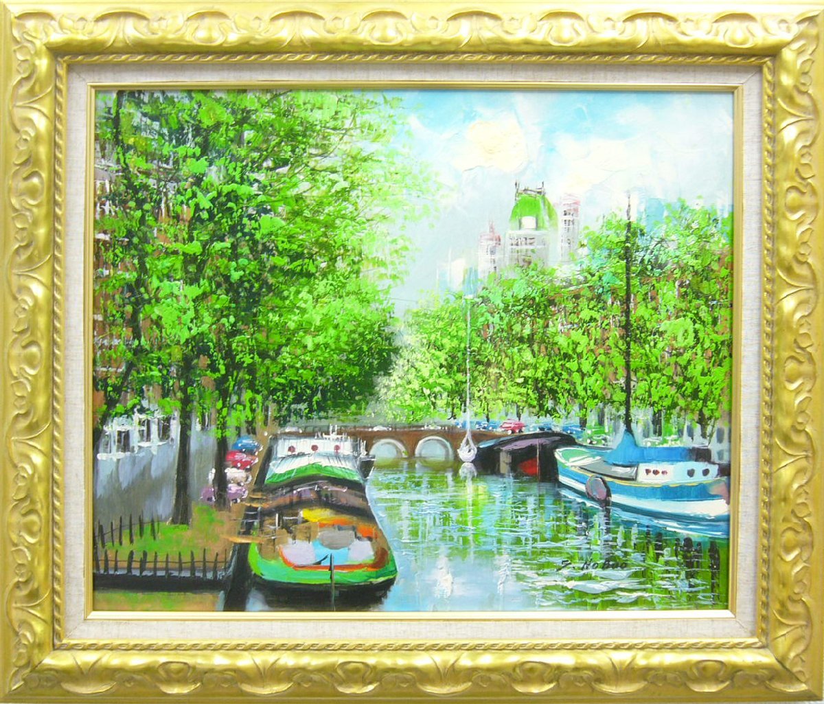 絵画 油絵 肉筆油絵 作者不詳 風景画 運河のある風景 F10 送料無料 ...