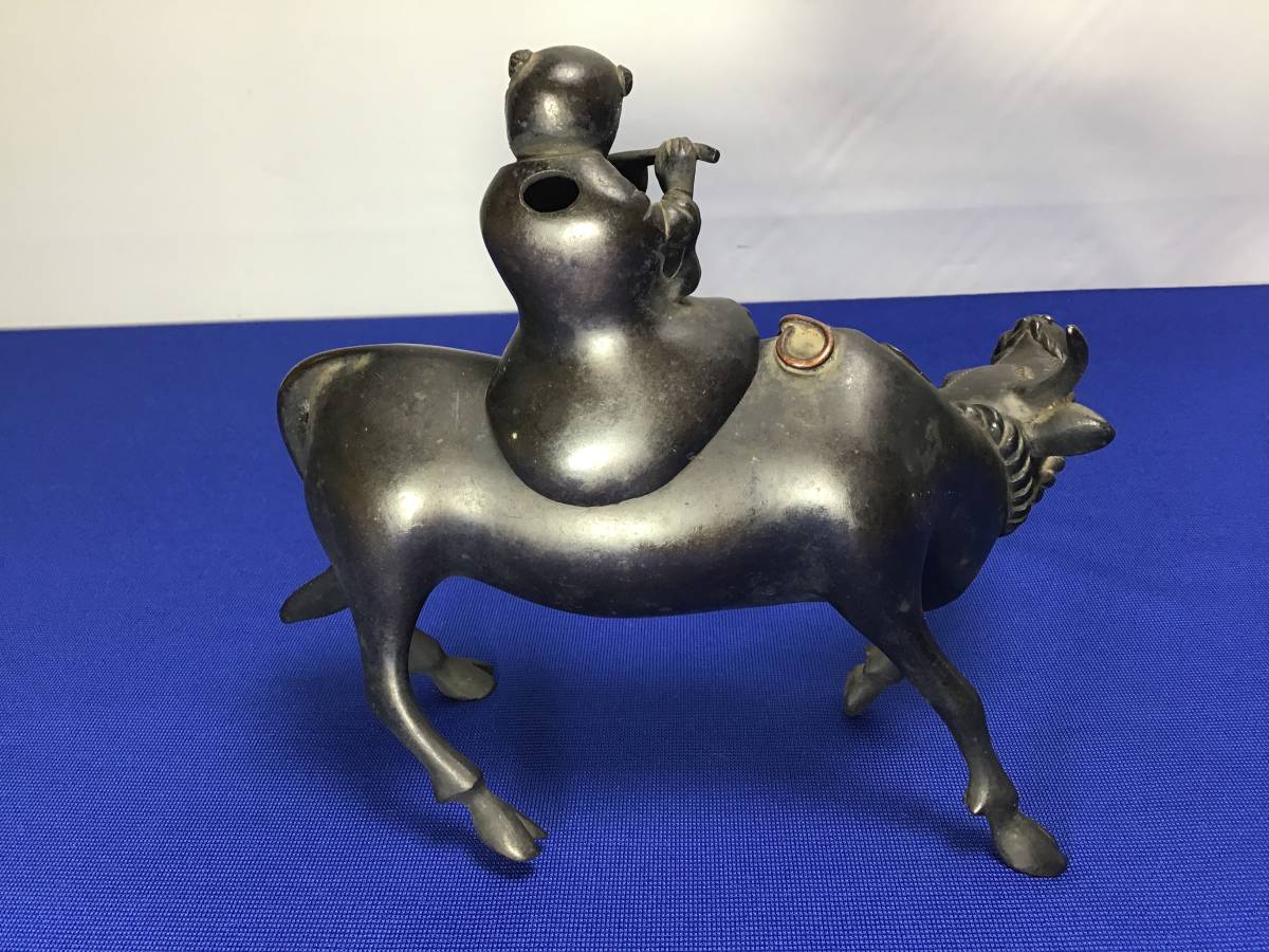 超目玉 中国美術 時代物 銅器 牛に笛吹童子 のったり 置物 香炉 骨董品