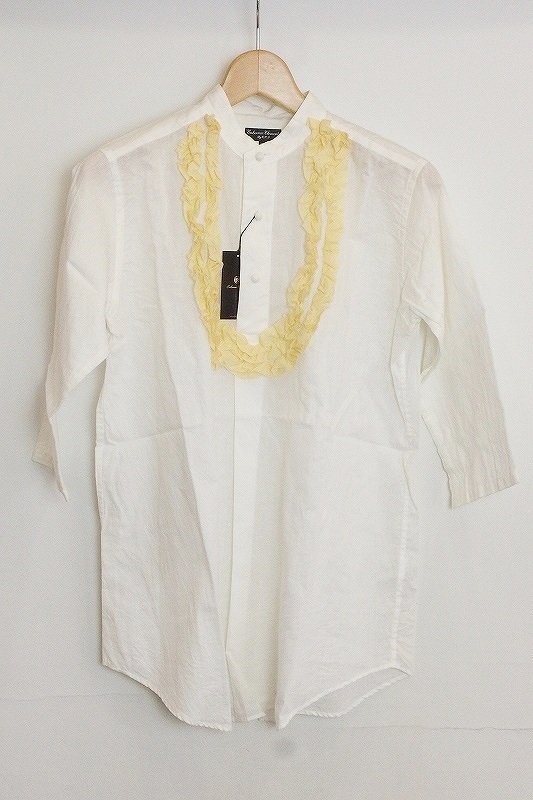 S* unused goods!en handle s Element Enhance Elementlinen× cotton frill stand-up collar blouse XS white × yellow nm4210179235