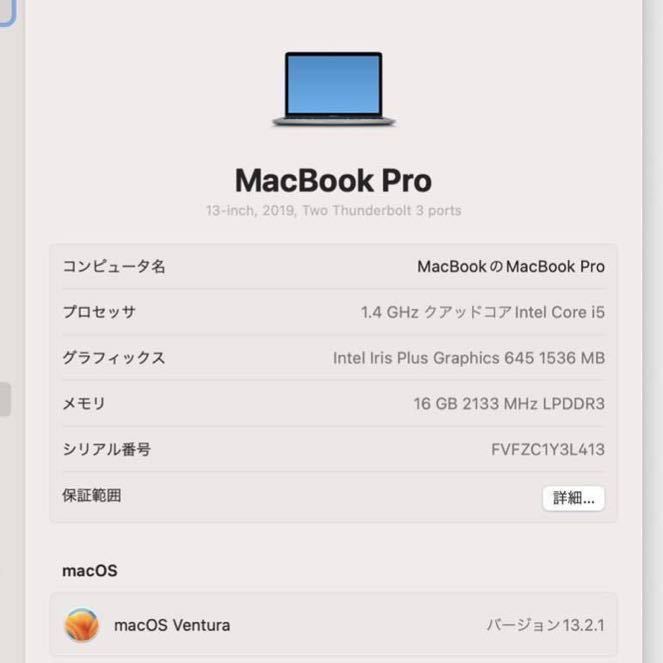 MacBook Pro 2019 13inch SSD128GB RAM16GB 充放電回数79回_画像3