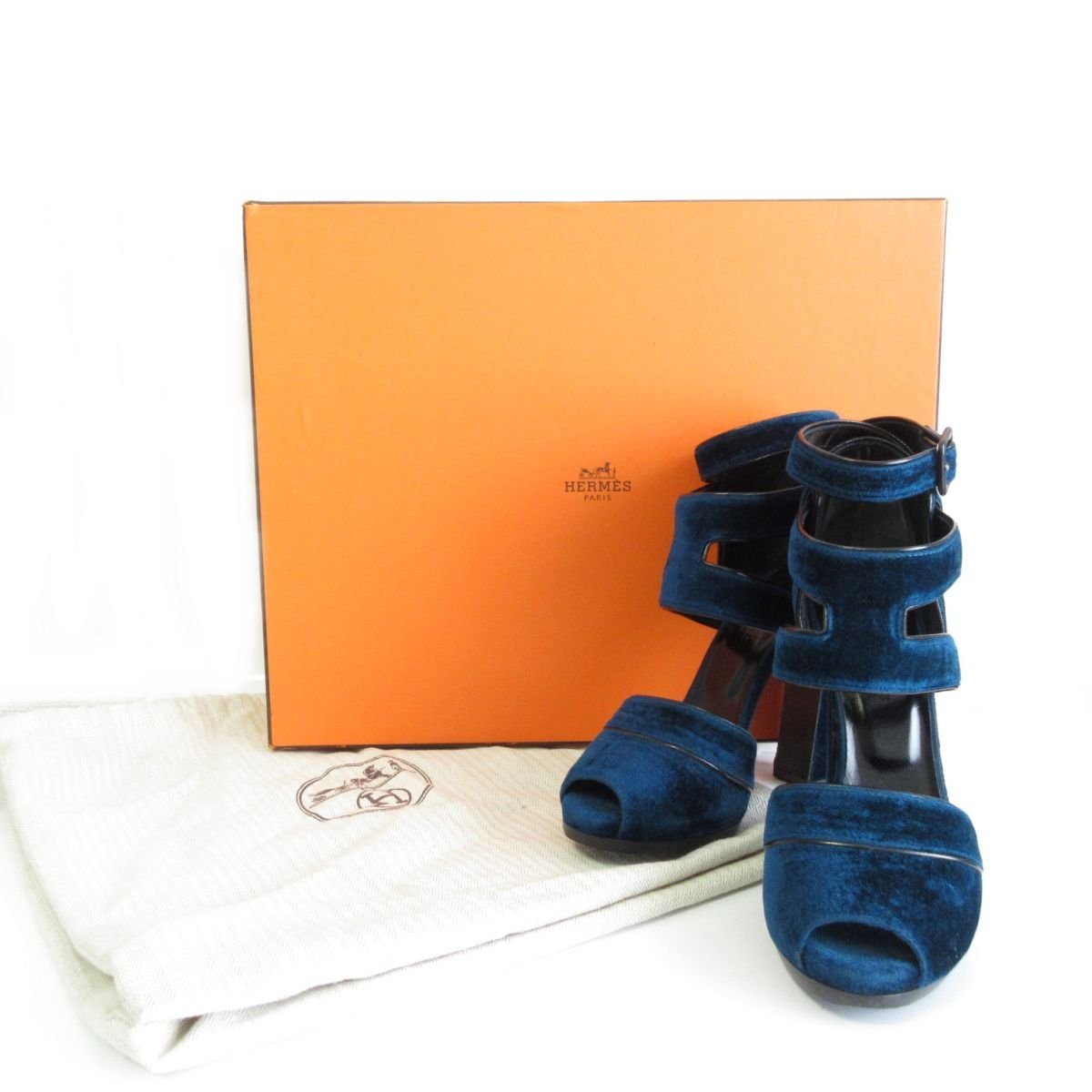 美品 HERMES エルメス ベロア チャンキーヒール オープントゥ H