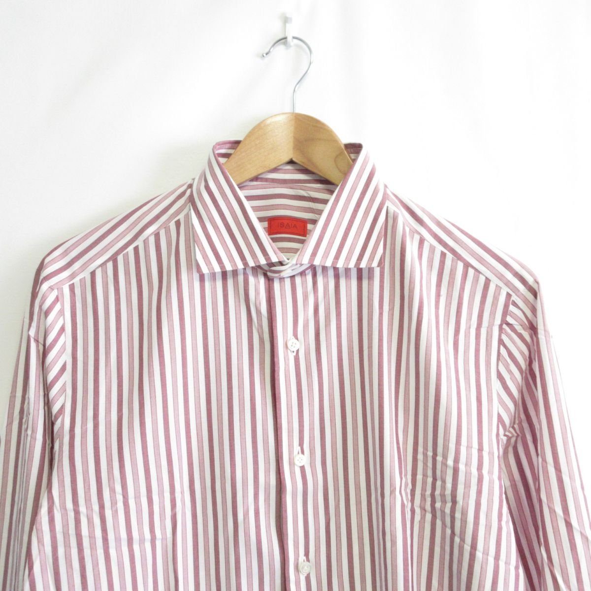 美品 クリーニング済み ISAIA イザイア ストライプ柄 長袖 シャツ ワイシャツ 16 1/2 42 ホワイト×レッド 白 赤_画像4