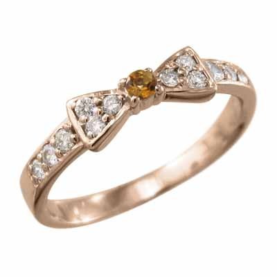 指輪 シトリン(黄水晶) 天然ダイヤモンド リボン ギフト 1粒 石 k10ピンクゴールド 11月誕生石