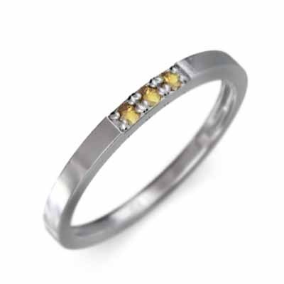 平らな指輪 3石 細身 指輪 シトリン(黄水晶) 11月誕生石 プラチナ900 幅約1.7mmリング 細め
