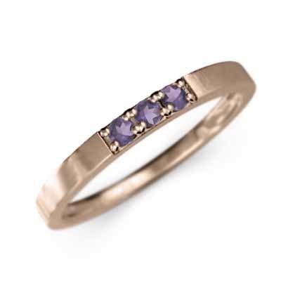 平打ちの 指輪 3ストーン 細身 リング アメジスト(紫水晶) 2月誕生石 k10ピンクゴールド 幅約2mmリング 少し細め