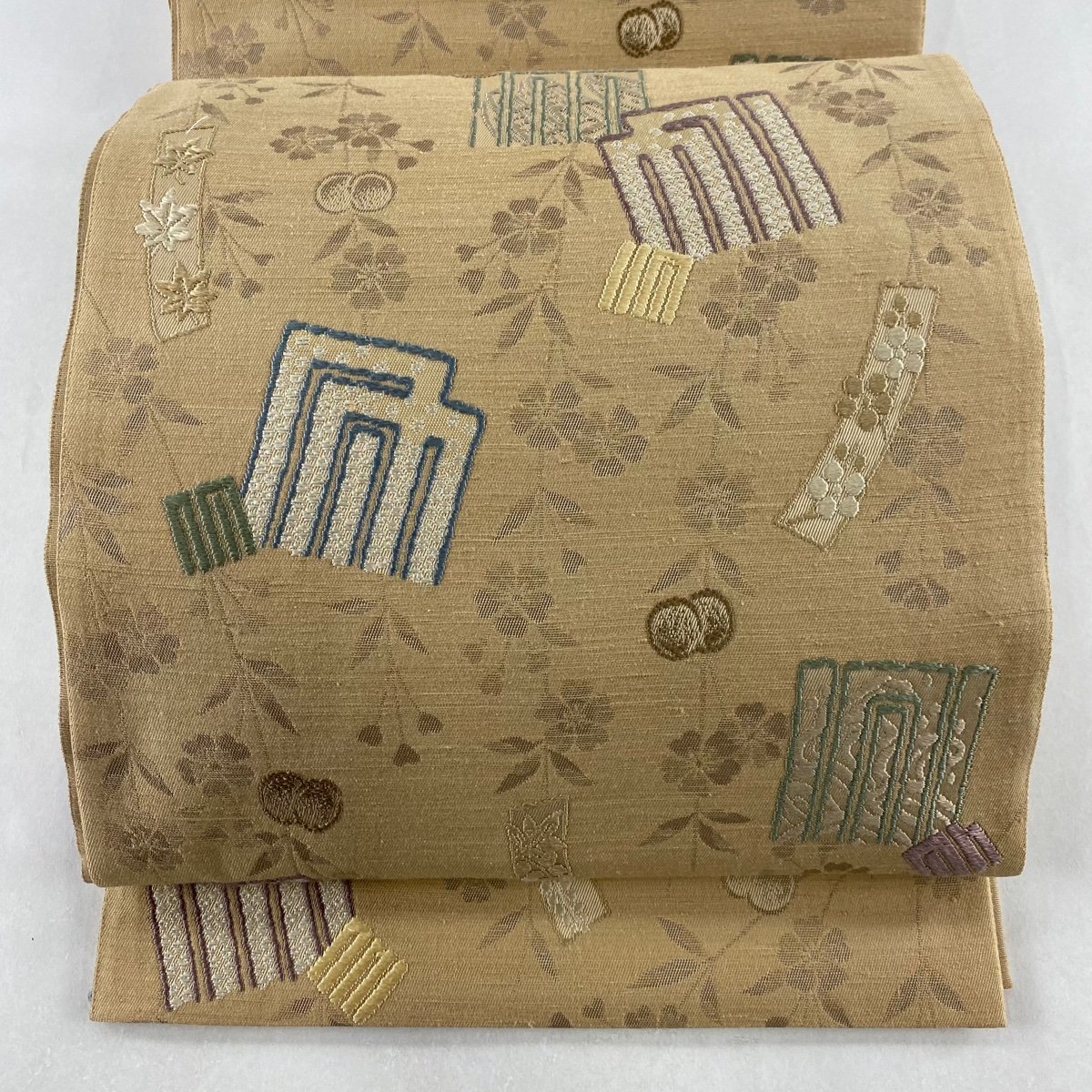 かねますの 袋帯 美品 名品 落款 本紬唐織 源氏香 枝垂桜 薄茶色 六通