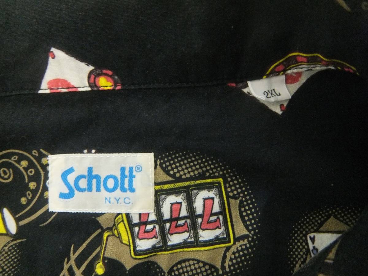 美品 Schott ショット HAWAIIAN SHIRT LAS VEGAS MOTEL カジノ トランプ アロハシャツ 柄シャツ 長袖オープンカラーシャツ 黒 3L 2XLの画像4