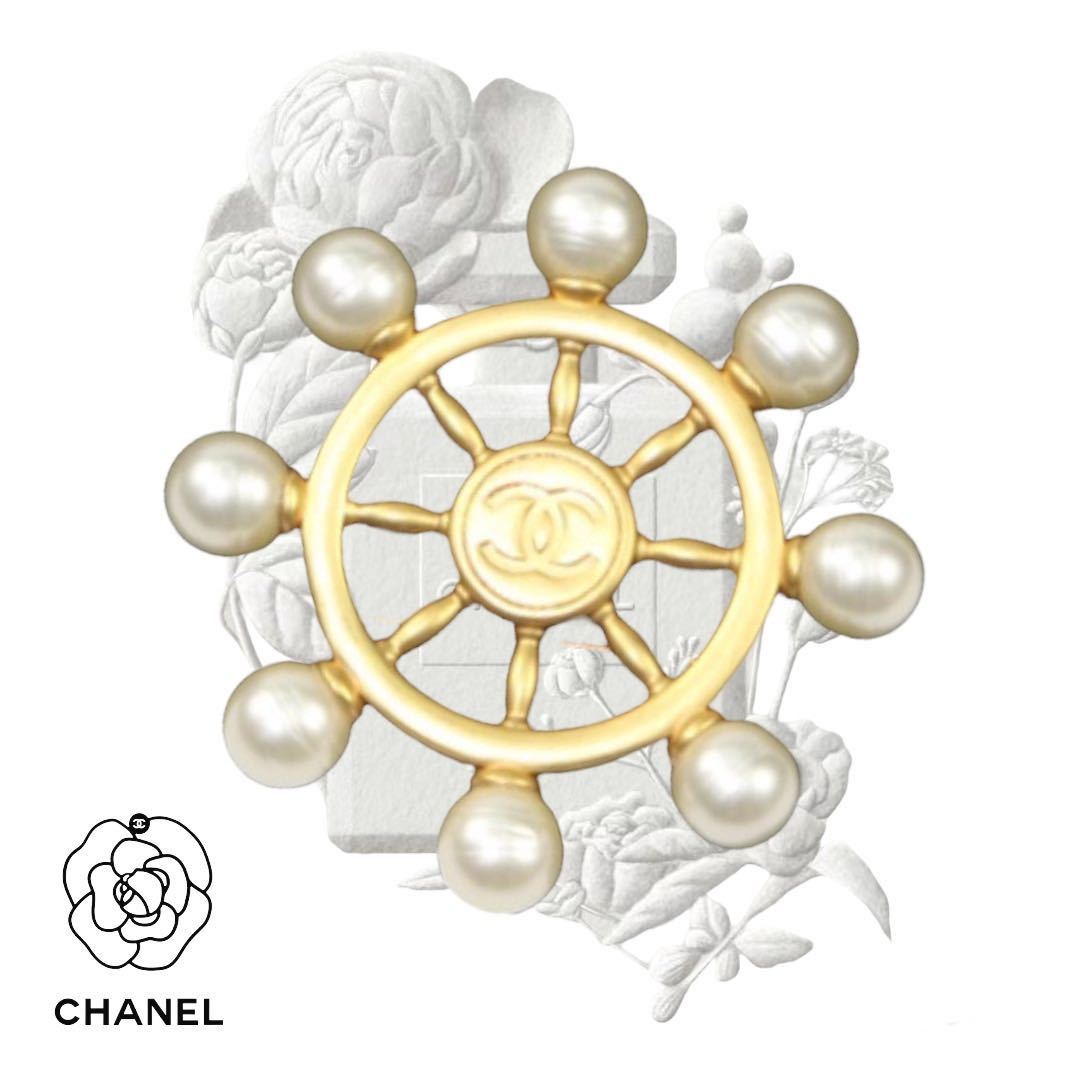 未使用】CHANEL シャネル 舵輪 パール GOLD ゴールド ブローチ-