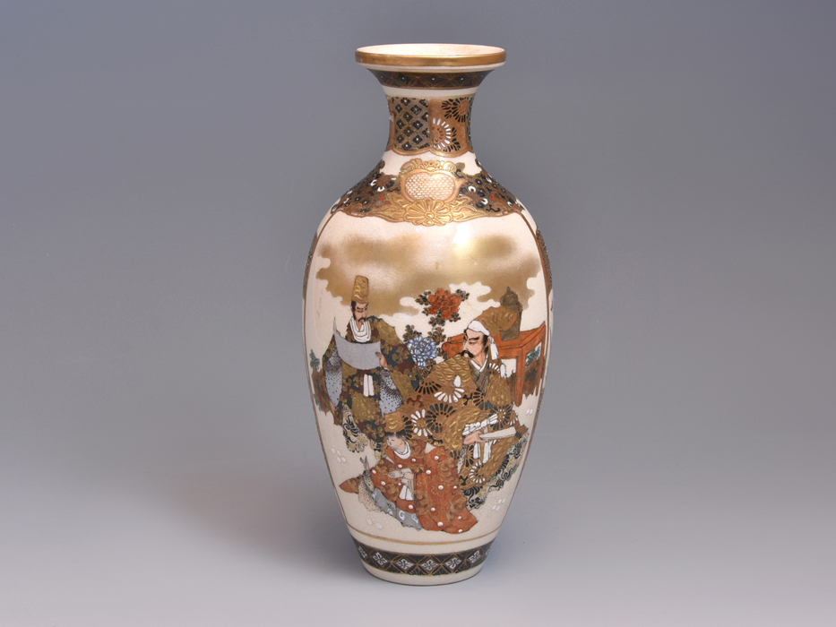 豪華絢爛 明治期 薩摩焼金彩色絵花鳥 武者図花瓶 花器 花入 花生 古