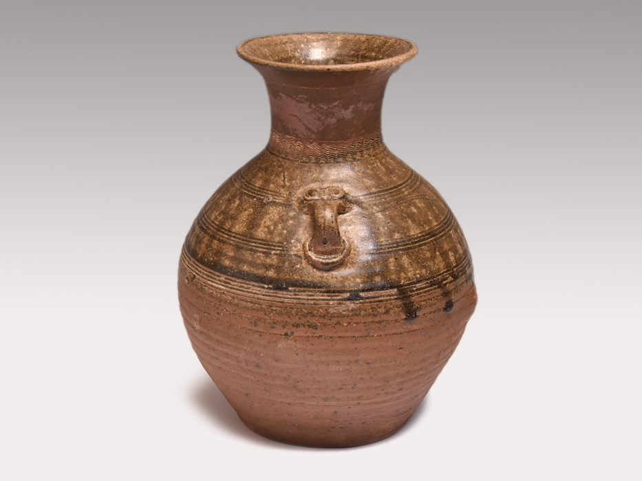 漢時代 自然釉線刻長頸双耳壺 灰釉鐘 古代美術 中国美術 唐物 古玩 緑
