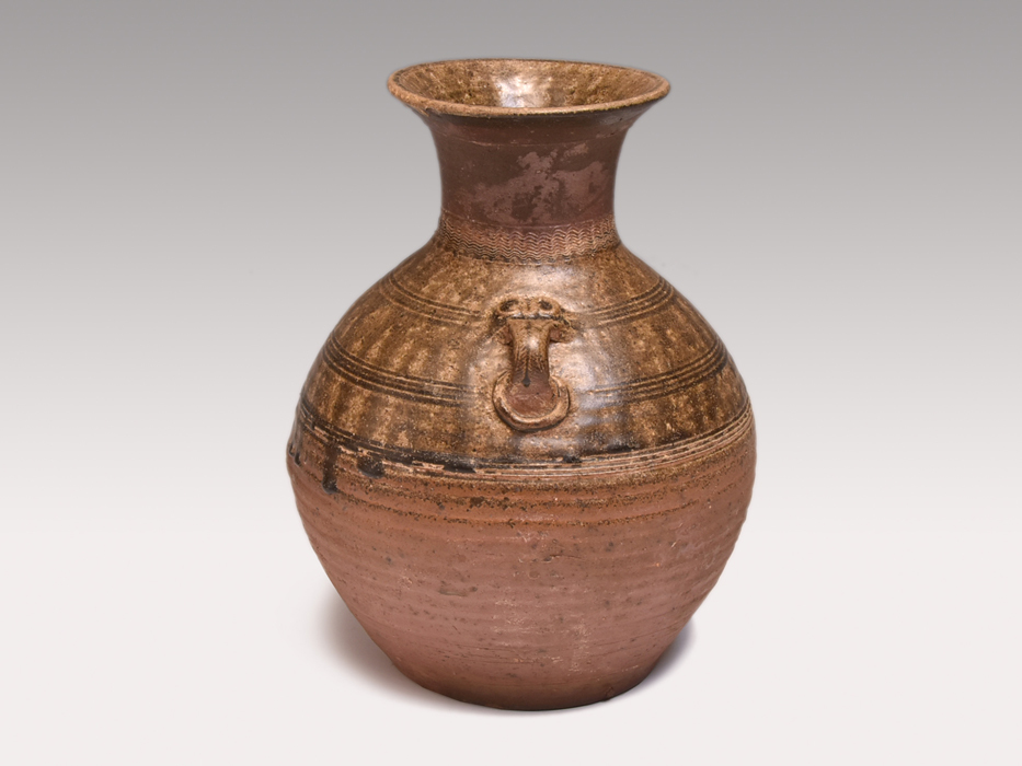 漢時代 自然釉線刻長頸双耳壺 灰釉鐘 古代美術 中国美術 唐物 古玩 緑