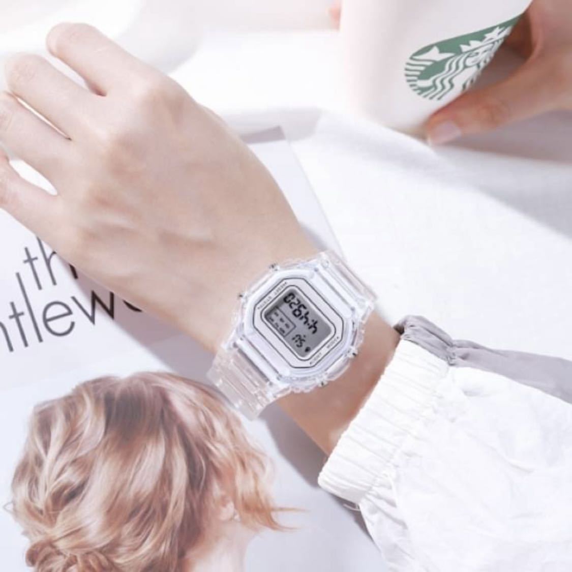 デジタル腕時計 韓国クリアホワイト白スケルトン 透明ウォッチシースルーオルチャン