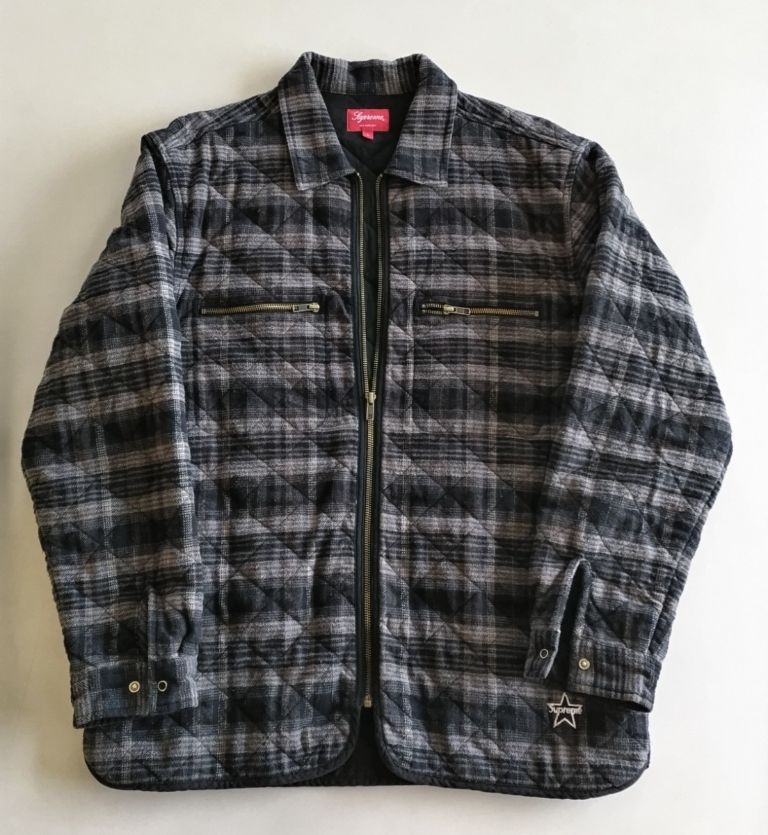 古着 Supreme 19AW Quilted plaid zip up shirt キルテッド プレイド ジップアップ シャツ Lサイズ クリーニング済み_画像1