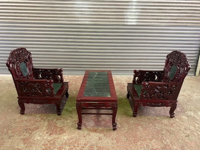 【新作入荷!!】  アンティーク 彫刻椅子2脚 テーブルセット 大理石 アジア