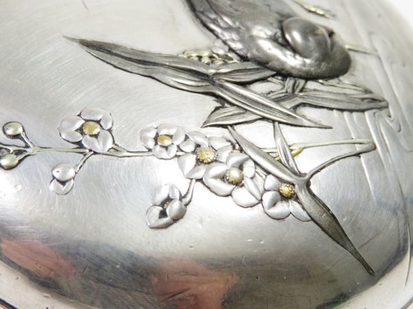 4919】明治金工 海野盛寿系統{寿之刻}純銀 水鳥彫金香合(初品 4919】明治金工 海野盛寿系統{寿之刻}純銀 水鳥彫金香合(初品