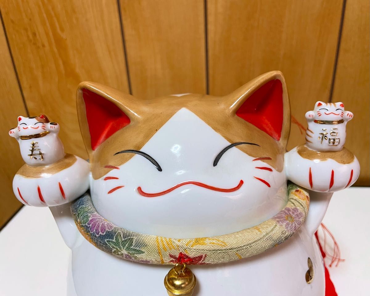 美品 猫舎道楽本舗 万福 ねこや 招き猫 貯金箱 縁起物 鶴亀 上げ招き猫 インテリア 置物 グッズ