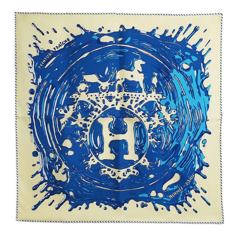 （新品・未使用品）エルメス HERMES ガヴロッシュ カレ 45 Peinture Fraiche ペンキ塗りたて スカーフ シルク100％ イエロー ブルー 箱付