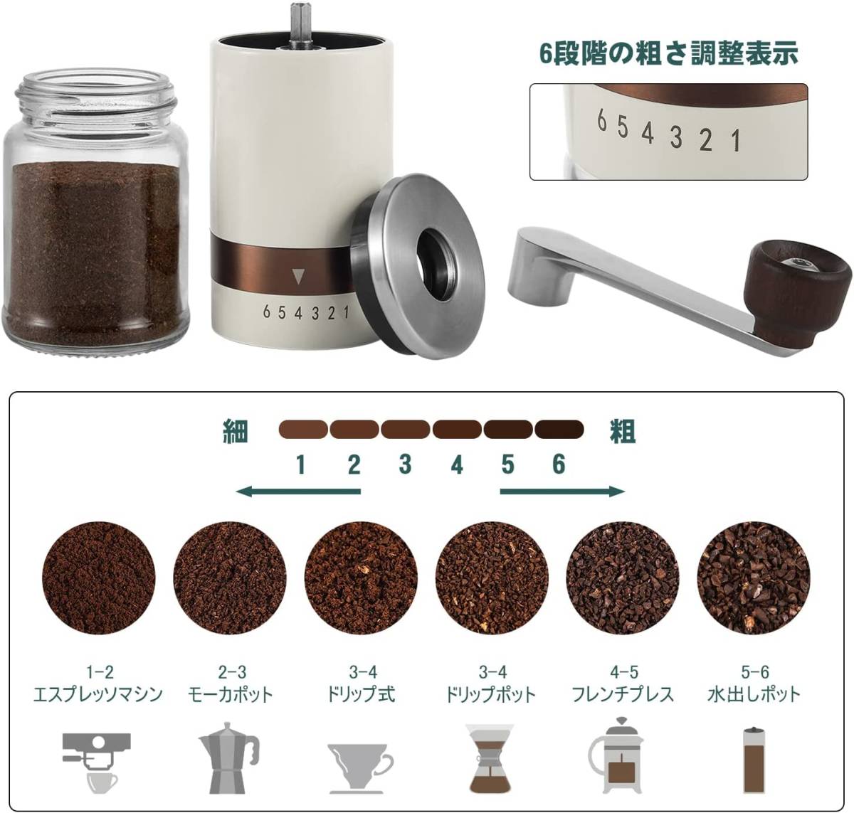 手挽きコーヒーミル 手動 コーヒーグラインダー セラミック製臼 小型 6度調節機可能 水洗い可能 軽量 持ち運びやすい お手入れ簡単 ギフト