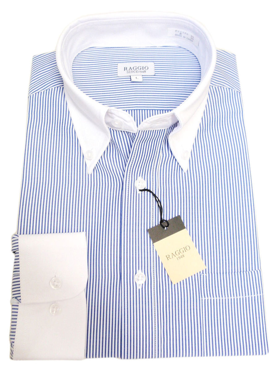 【S】形態安定 ブルー×ホワイト クレリック ボタンダウン ワイシャツの画像1