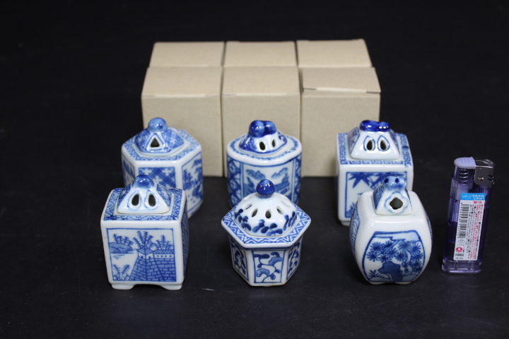 清光緒 名工 楊紫卿造 色絵『人物漢詩文』高台豆香炉(一対)茶道具/香