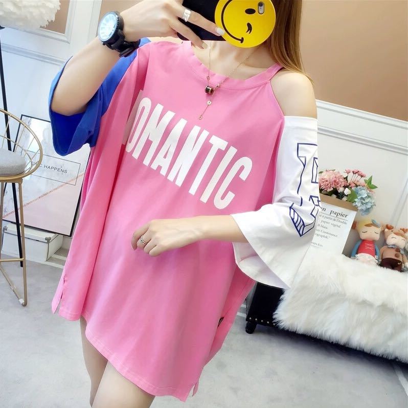  tops off shoulder big Silhouette T-shirt tunic oversize white white pink shirt 5 part sleeve .. series Korea series 