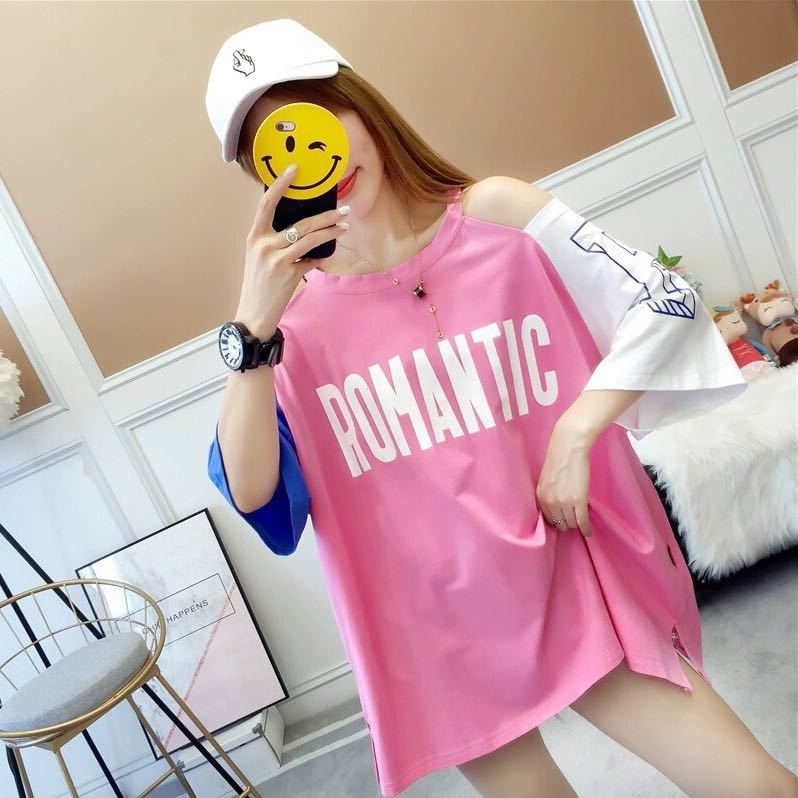  tops off shoulder big Silhouette T-shirt tunic oversize white white pink shirt 5 part sleeve .. series Korea series 