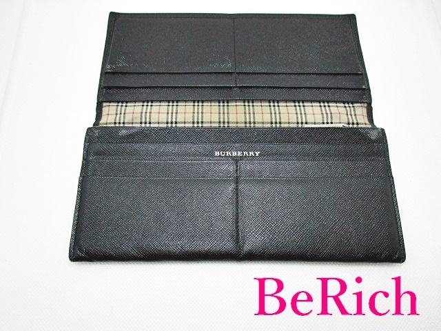  Burberry BURBERRY длинный кошелек чёрный чёрная кожа Logo двойной бумажник длинный бумажник [ б/у ] bs2887