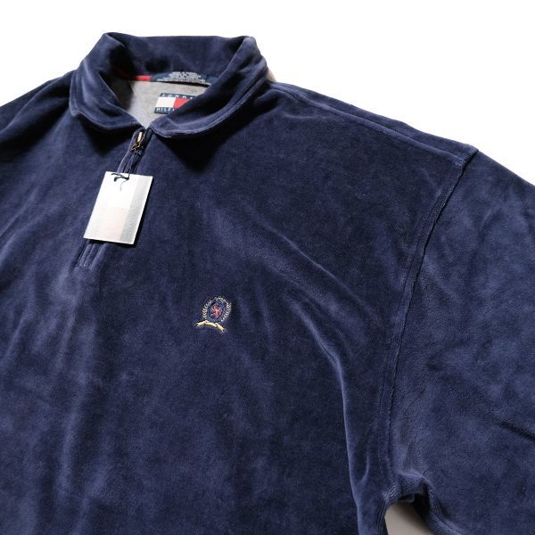 デッドストック 90's トミーヒルフィガー ロゴ刺繍入り ハーフジップ ベロアシャツ 紺 (XL) ネイビー 90年代 旧タグ オールド Y2K_画像3