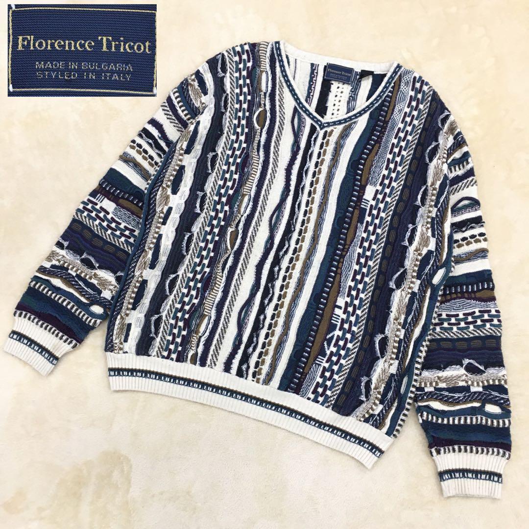 Florence Tricot フローレンス トリコット 3Dニットセーター クレイジーパターン コットン アクリルブレンド Vネック メンズ サイズXL