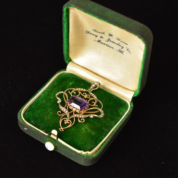  antique BOX attaching K9 9 gold stamp equipped natural non heating amethyst / purple crystal . pearl / pearl. pendant top / charm solid Gold genuine article guarantee 