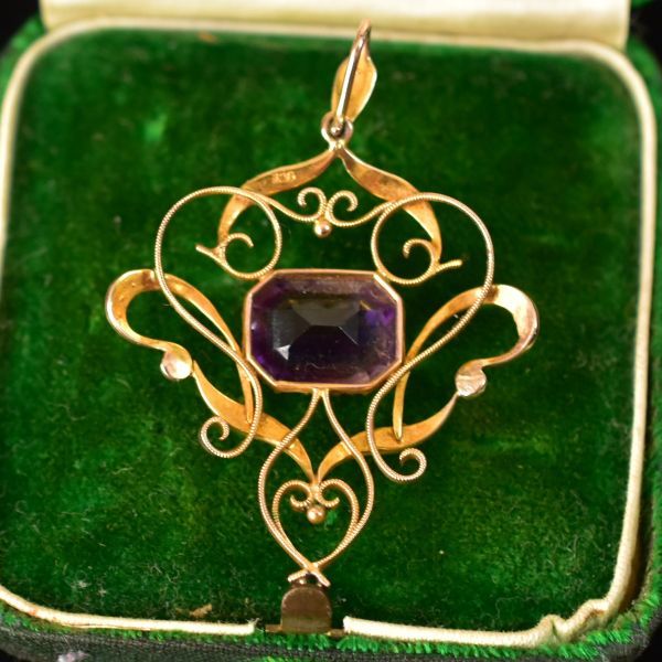  antique BOX attaching K9 9 gold stamp equipped natural non heating amethyst / purple crystal . pearl / pearl. pendant top / charm solid Gold genuine article guarantee 