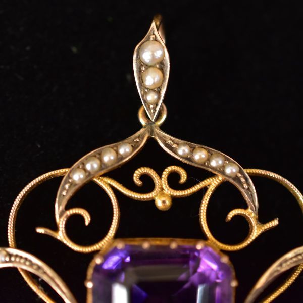  antique BOX attaching K9 9 gold stamp equipped natural non heating amethyst / purple crystal . pearl / pearl. pendant top / charm solid Gold genuine article guarantee 