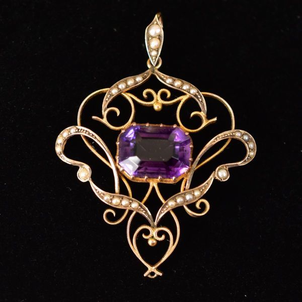  antique BOX attaching K9 9 gold stamp equipped natural non heating amethyst / purple crystal . pearl / pearl. pendant top / charm solid Gold genuine article guarantee 