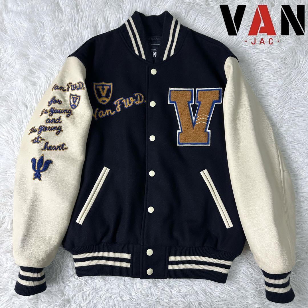 VAN JACKET セミデコスタジャン 紺x白 袖レザー-