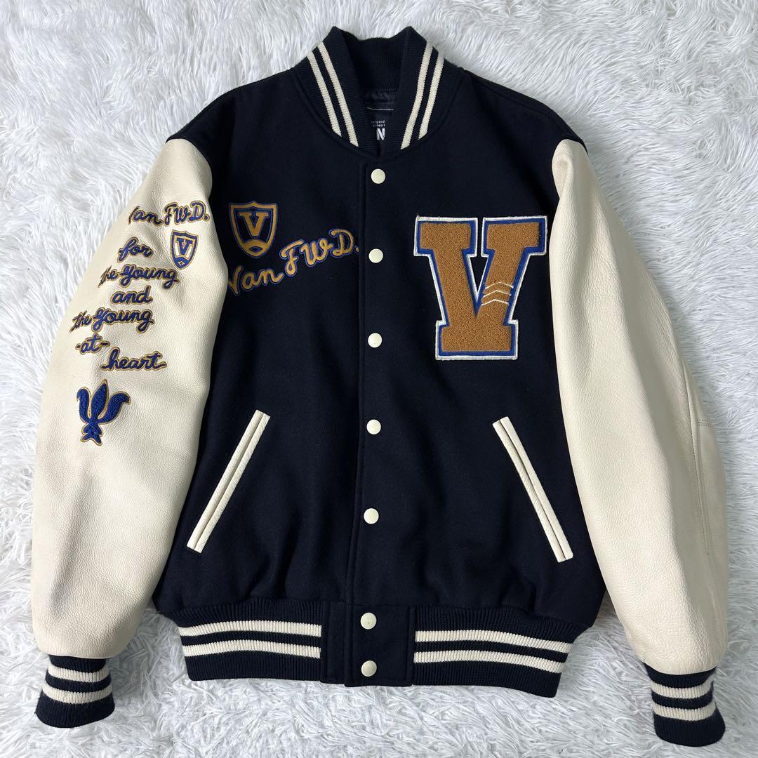 激レア VAN JACKET セミデコ スタジャン 紺×白 袖レザー S(Sサイズ