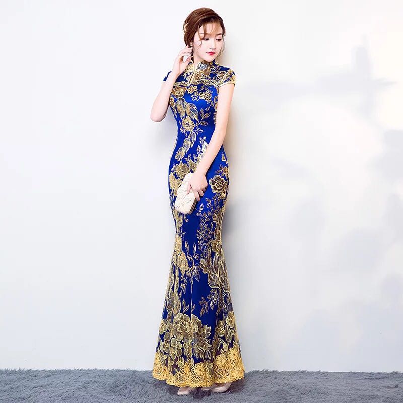  wonderful royal blue China dress mermaid line spa call embroidery custom-made party Mai pcs . production costume 