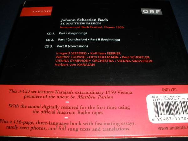 廃盤 バッハ マタイ受難曲 カラヤン フェリアー ゼーフリート ルートヴィヒ ウィーン ライヴ 1950 Bach St.Matthew Passion Karajan LIVE_カラヤン マタイ LIVE 1950 ウィーン