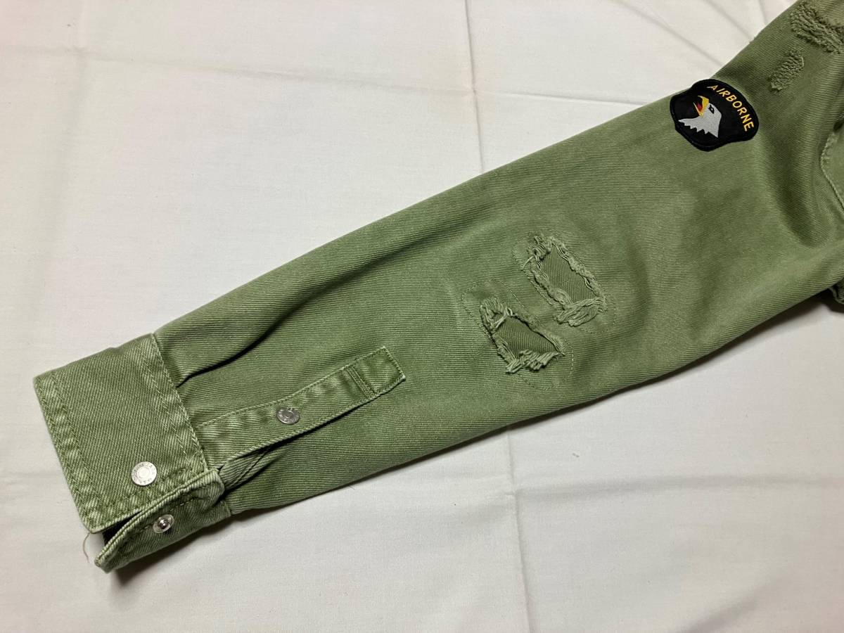 ZARA ザラ クラッシュ加工 U.S.ARMY ワッペン付きシャツジャケット系 薄いオリーブ L 中古品_画像7