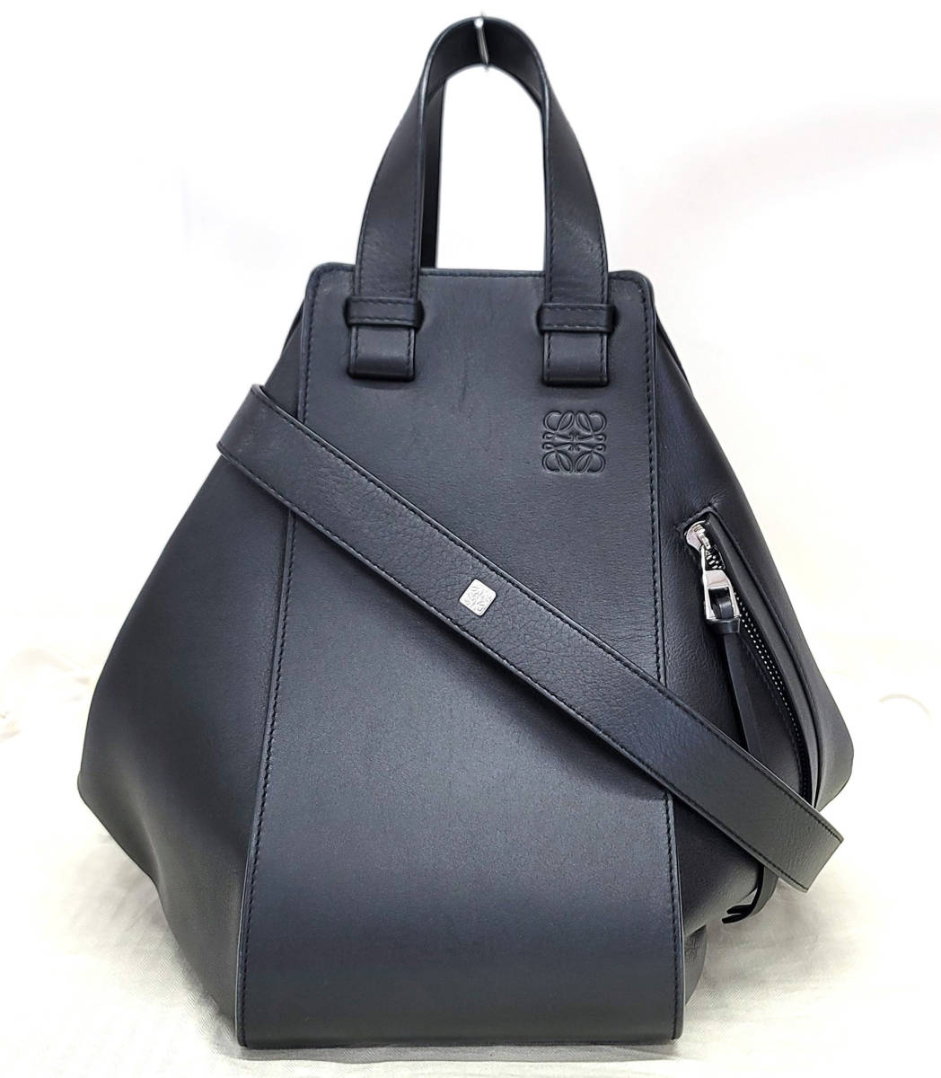 D-1227◆超美品【ロエベ LOEWE】ハンモック ミディアム 2way ハンドバッグ◆ショルダー有 カーフレザー ブラック 黒_画像1