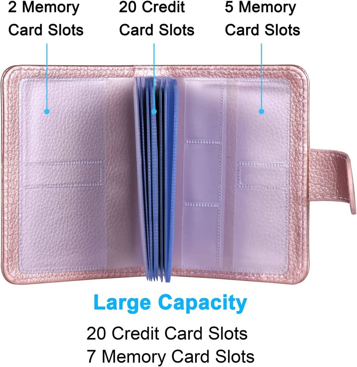 『送料無料）カードケース スキミング防止 Wisdompro 名刺ファイル クレジット　PUレザー 二つ折　縦型 ローズゴールド 20枚収納　ピンク
