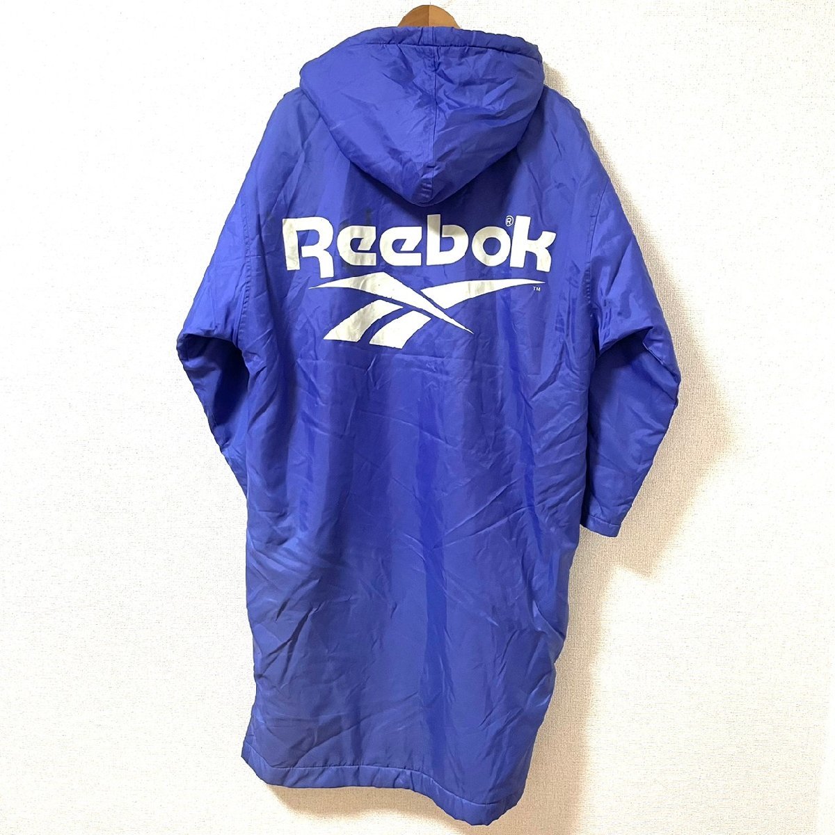 (^w^)b リーボック 80s 90s ヴィンテージ ベンチ コート ジャンパー 青 Reebok ビッグ ロゴ 裏地 ボア 防寒着 スポーツ ウェア L 6589EEの画像1