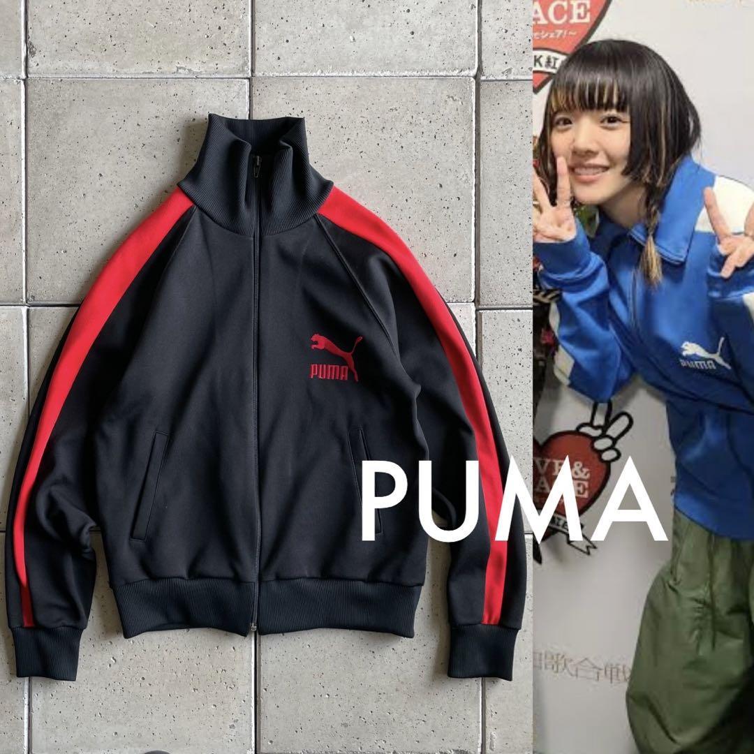 1980s オールド【PUMA プーマ】デカロゴ ハイネック トラック ジャケット ジャージ M ブラック×レッド 80年代_画像1