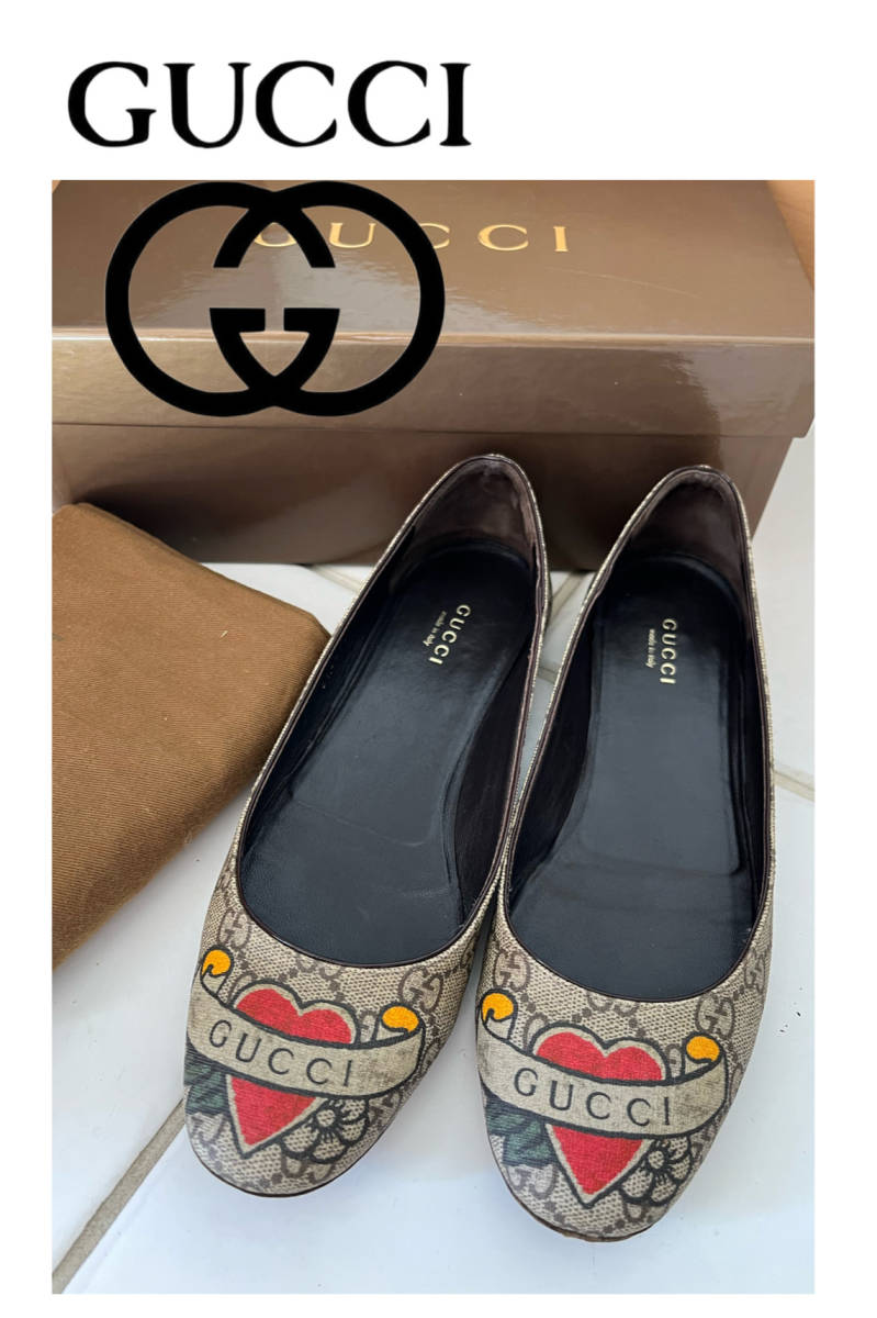 GUCCI グッチ 靴 シグネチャー フラットシューズ ハート バラ GG 37 ハーフ 24㎝　24.5㎝ ブラウン 箱 保存袋付き_画像1