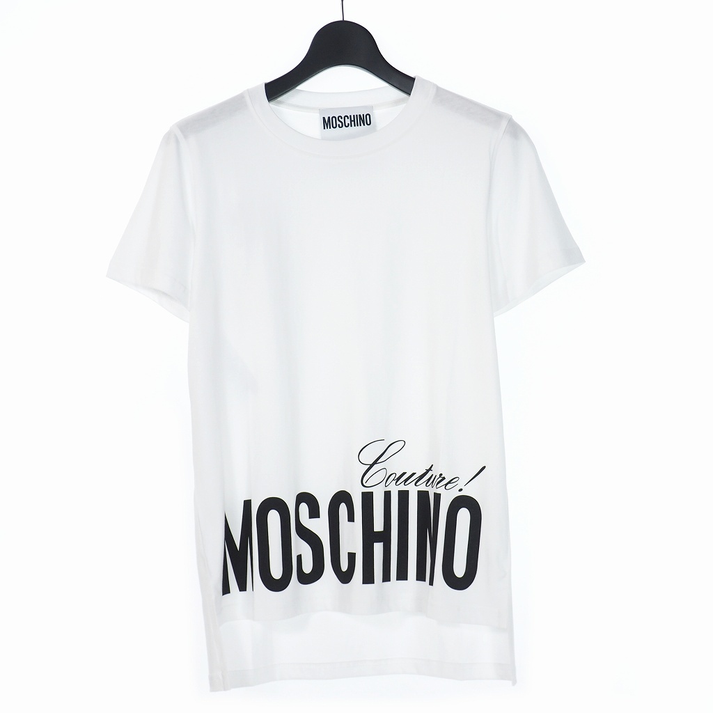 未使用品 モスキーノ MOSCHINO ロゴ プリント アシンメトリ Tシャツ カットソー 半袖 40 ホワイト 白 A0703 レディース_画像1