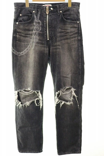 MASU エムエーエスユー 22AW DAMAGED FLARE FIT JEANS ダメージ デニム パンツ クラッシュ ジーンズ 48 ブラック MVFW-PT1522【ブランド古