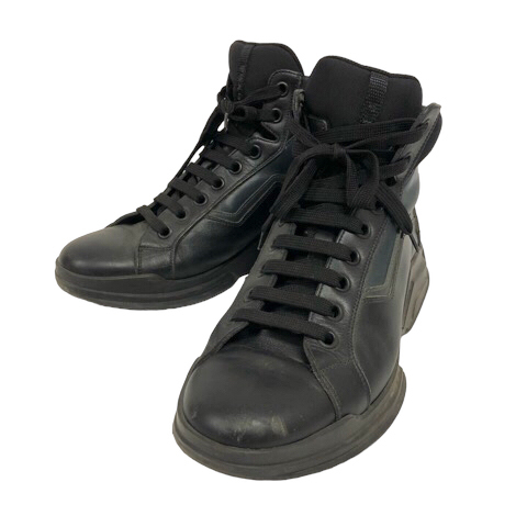 プラダ PRADA 4T2802 BSY Leather Sneaker 41 スニーカー サイドジップ Dミッド ハイカット 6 黒 ブラック メンズ